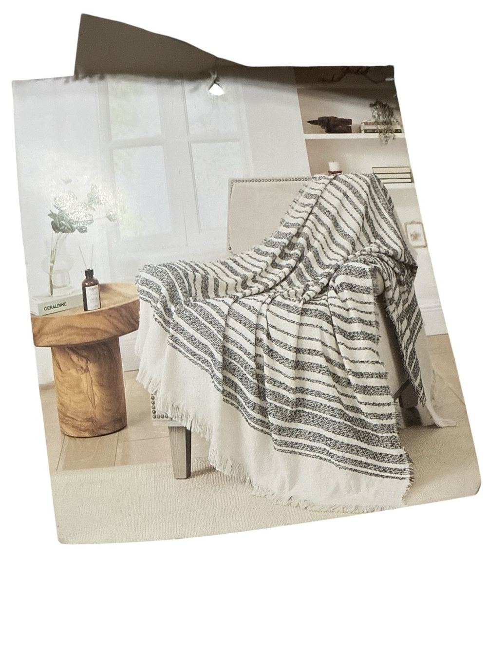 Striped Fringe Throw Blanket in Cream and Gray